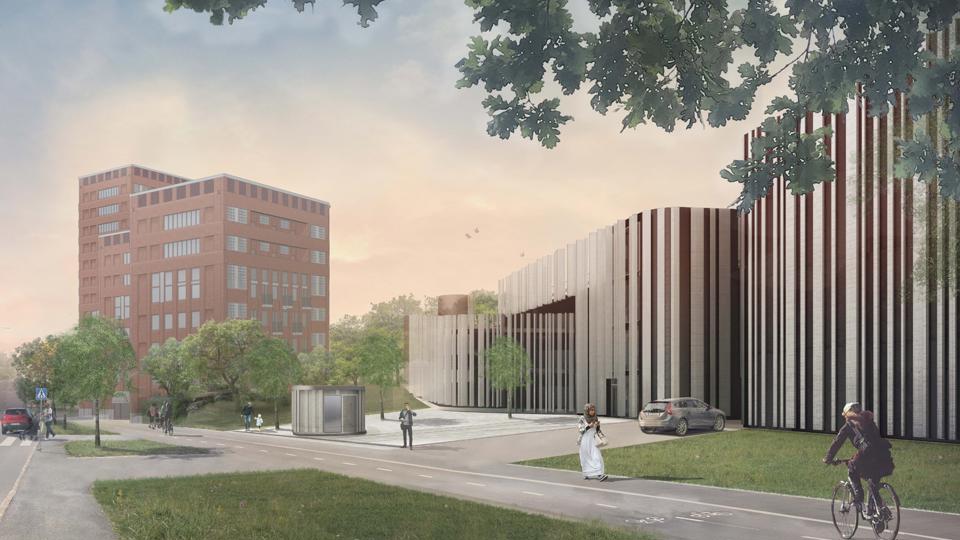 Vy från Ekebergabacken över ett parkeringshus med böljande former och, längre bort, höga flerbostadshus. Människor i rörelse. Illustration
